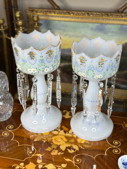 Pair of Antique Bristol Glass Lustres with Hand-Painted Florals & Crystal Prisms | 13.5” Tall #B001