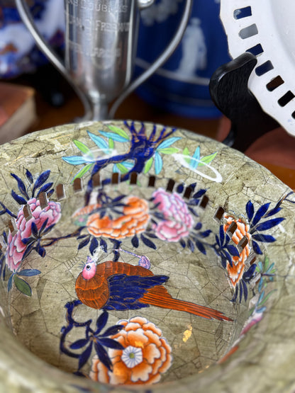 Spode “Tumbledown Dick” Chestnut Basket & Stand | Polychrome Chinoiserie | c.1820 | 9.5” D | #DA4592