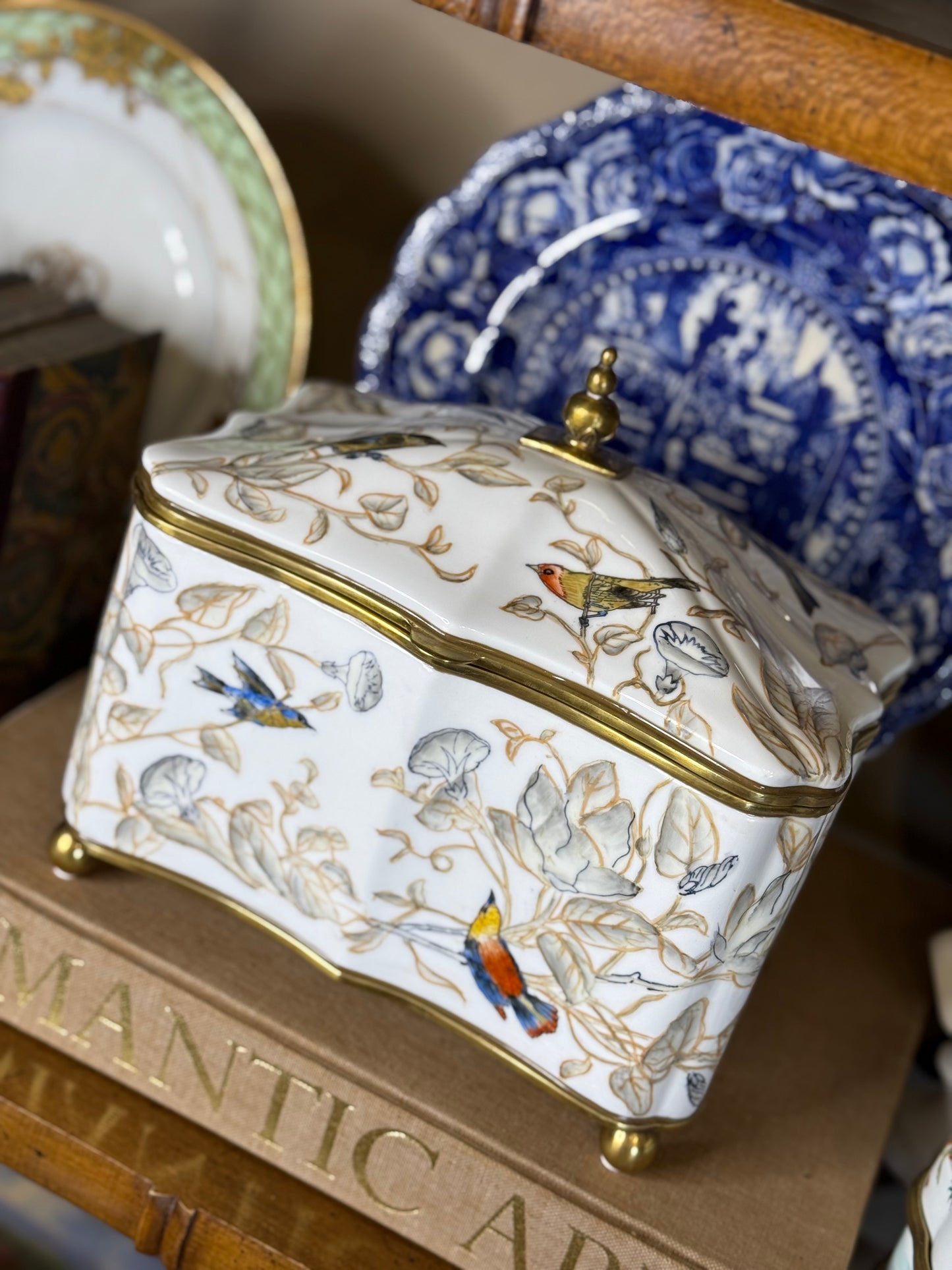 Danny’s Fine Porcelain | 9” Hinged Porcelain Box with Bronze Accents – Hand-Painted Birds & Vines