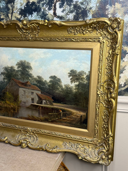 Antique A. Coleman English Landscape Oil Painting “Millpond Fishing” | Signed & Dated 1885 | Giltwood | Framed 19.75”H × 27.5”W