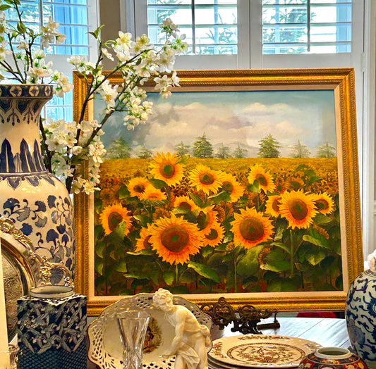 Vivid vintage original Sunflower oil painting signed by artist.
