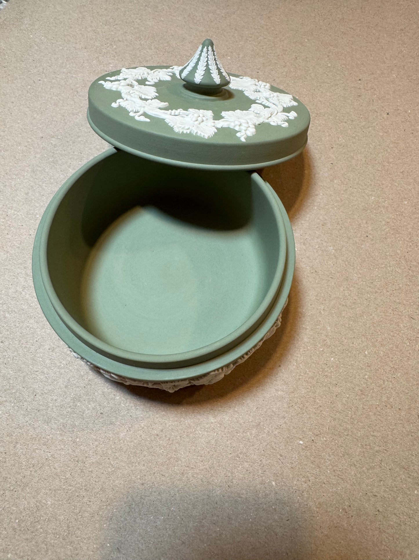 RESERVED - GREENBERG_K - Live 06/15 sage green Wedgwood circus tip lidded jar