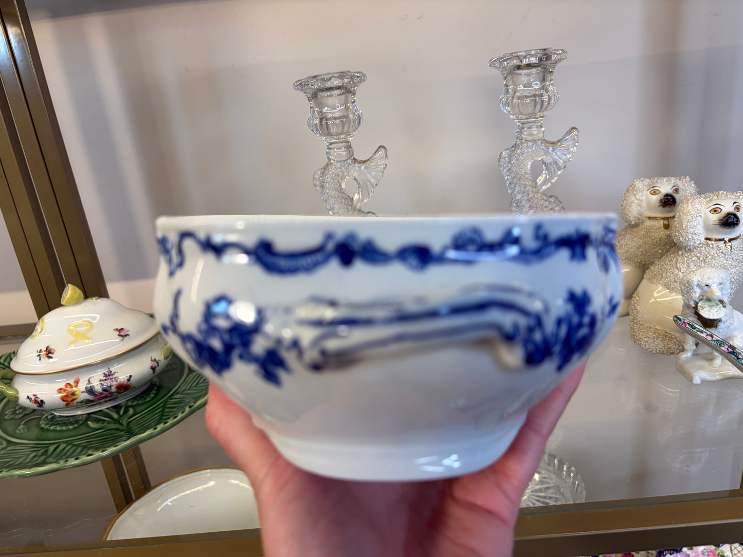 Stunning antique Ridgeways Royal Semi Porcelain lidded tureen in the Lorraine pattern, featuring intricate blue and white floral transferware and decorative side handles!