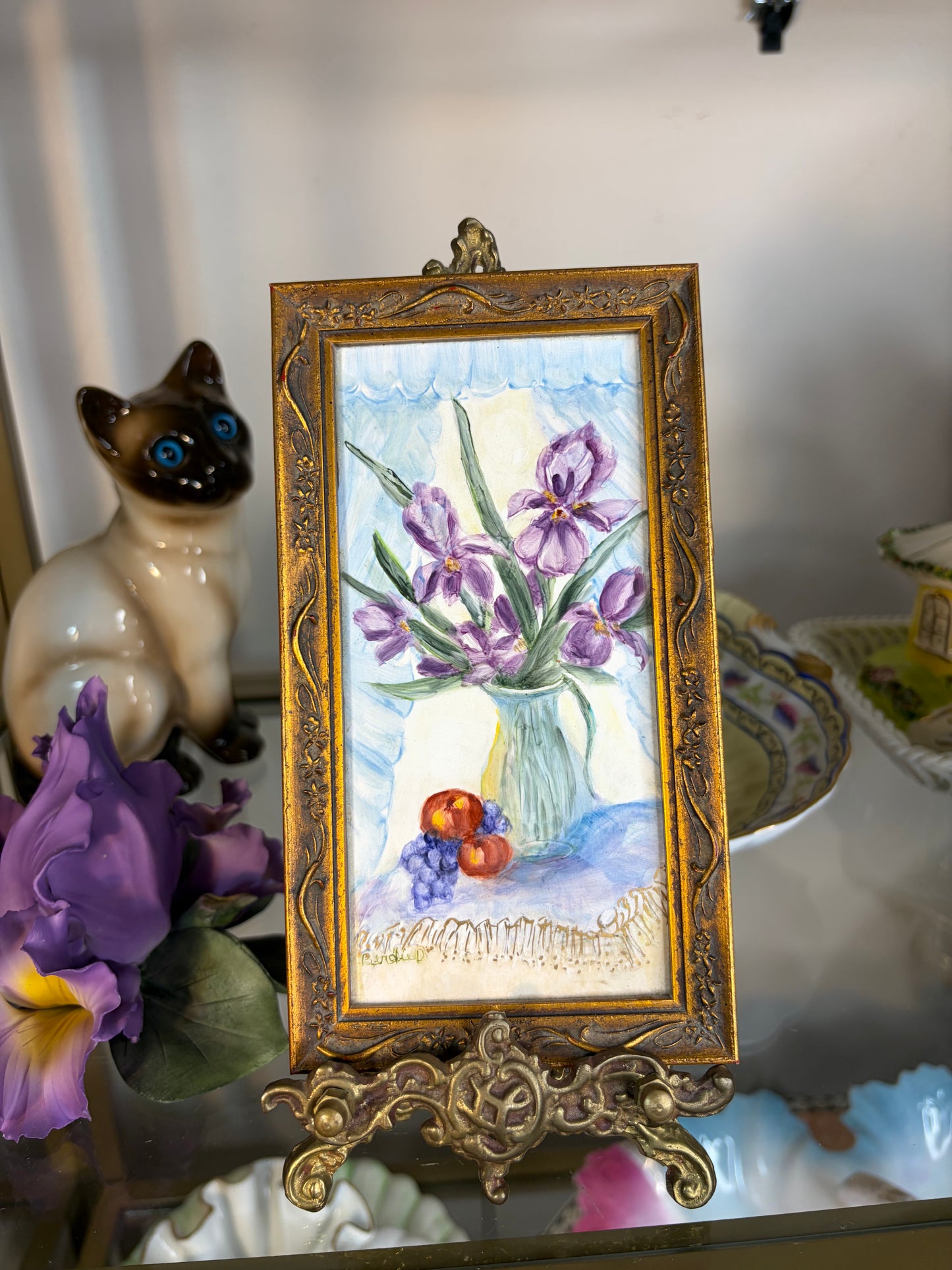 Gorgeous signed floral art on ceramic with brass stand!