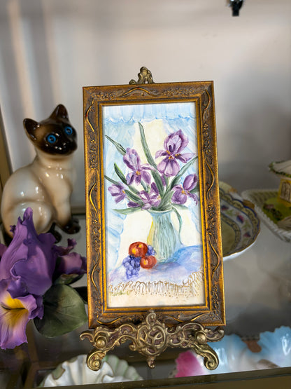 Gorgeous signed floral art on ceramic with brass stand!