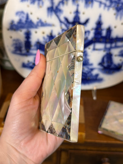 Antique Mother-of-Pearl & Abalone Calling Card Case | Geometric Mosaic Design | 4” x 3” | Victorian Era