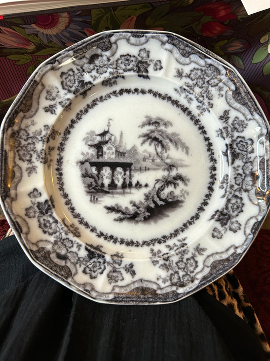 LIVE:Staffordshire Ironstone Black and White Transfer ware Plate, “Percy” 10 1/2”