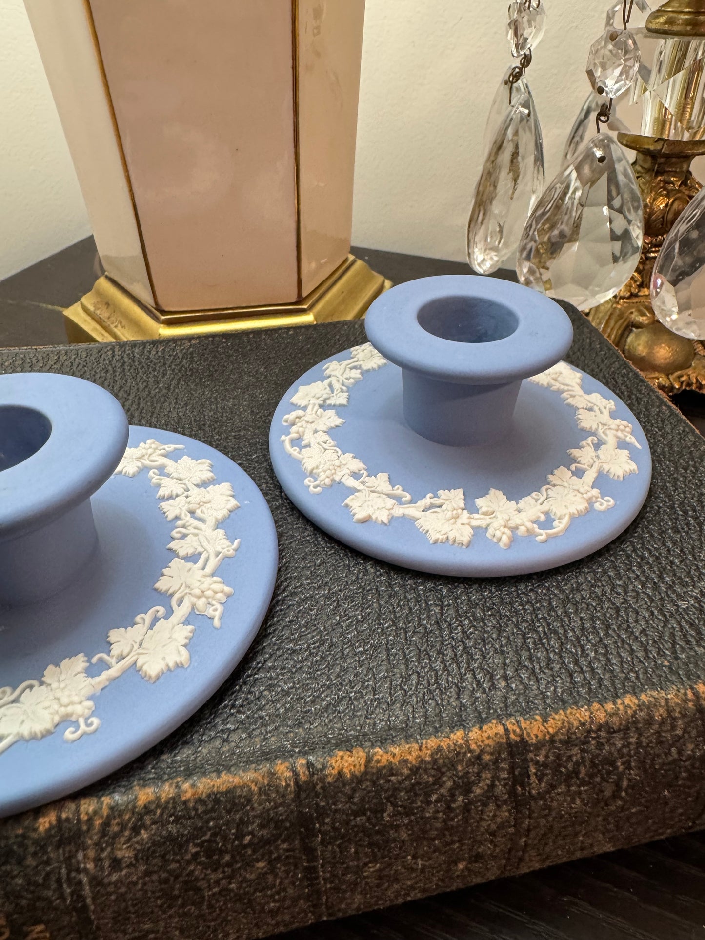 Wedgwood lavender and white pair of candle holders