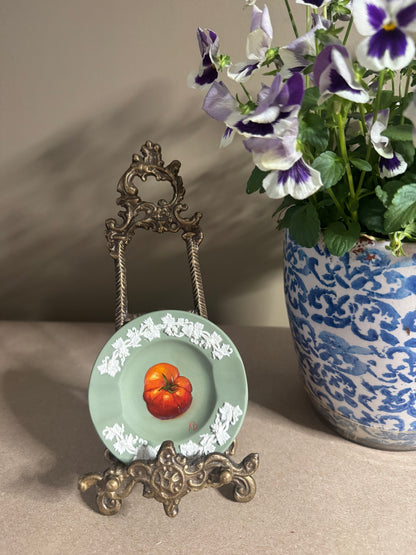 Live 06/22 Wedgwood small green and  white dish with painted tomato original art