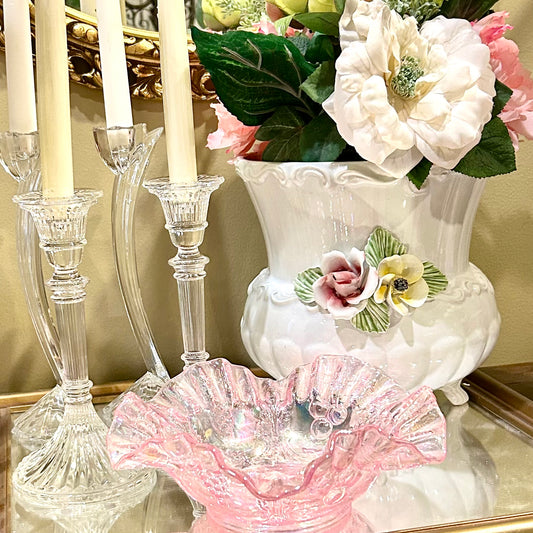 Beautiful pink ribbon carnival glass  vintage bowl centerpiece