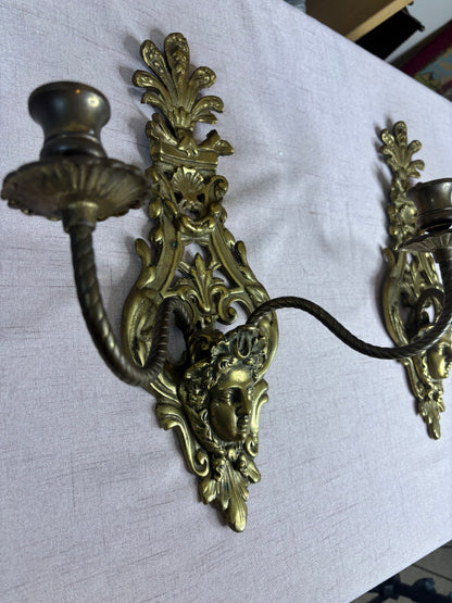 Antique Victorian Figural Brass Wall Sconces with two arms pair!
