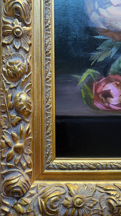 Large Peony Oil Painting in Ornate Gold Frame 44 x 36