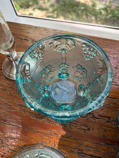 Beautiful Jeanette Glass lidded teal dish with leaf design and grape finial!