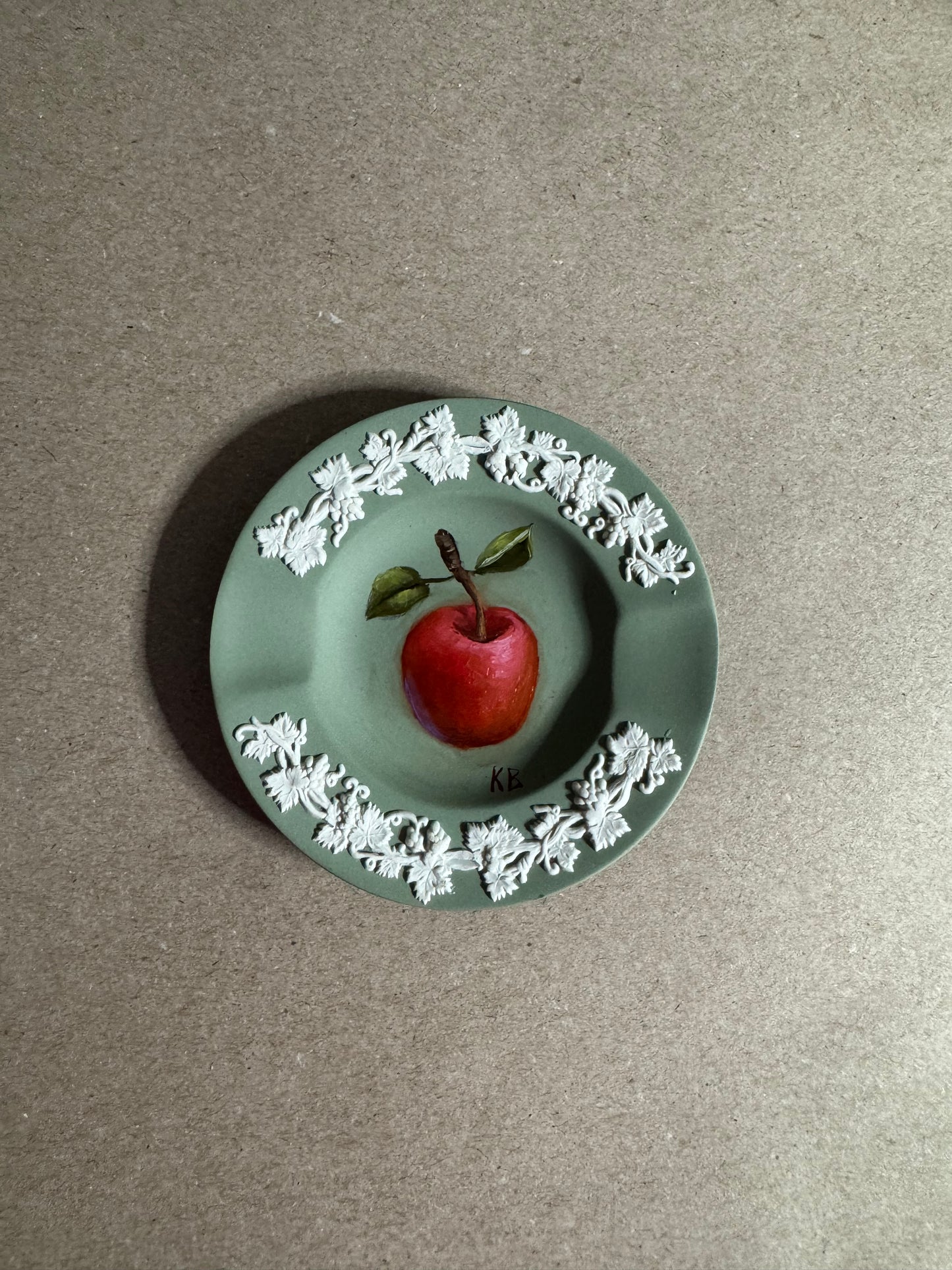 Live 06/22 Wedgwood small green and white dish with painted apple original art