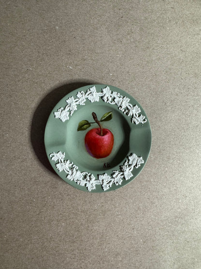 Live 06/22 Wedgwood small green and white dish with painted apple original art