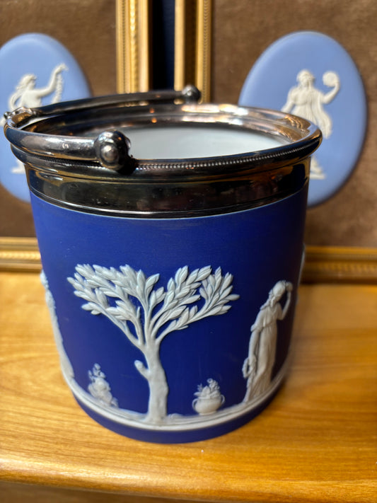 Wedgwood Jasperware cobalt biscuit barrel with silver plating!