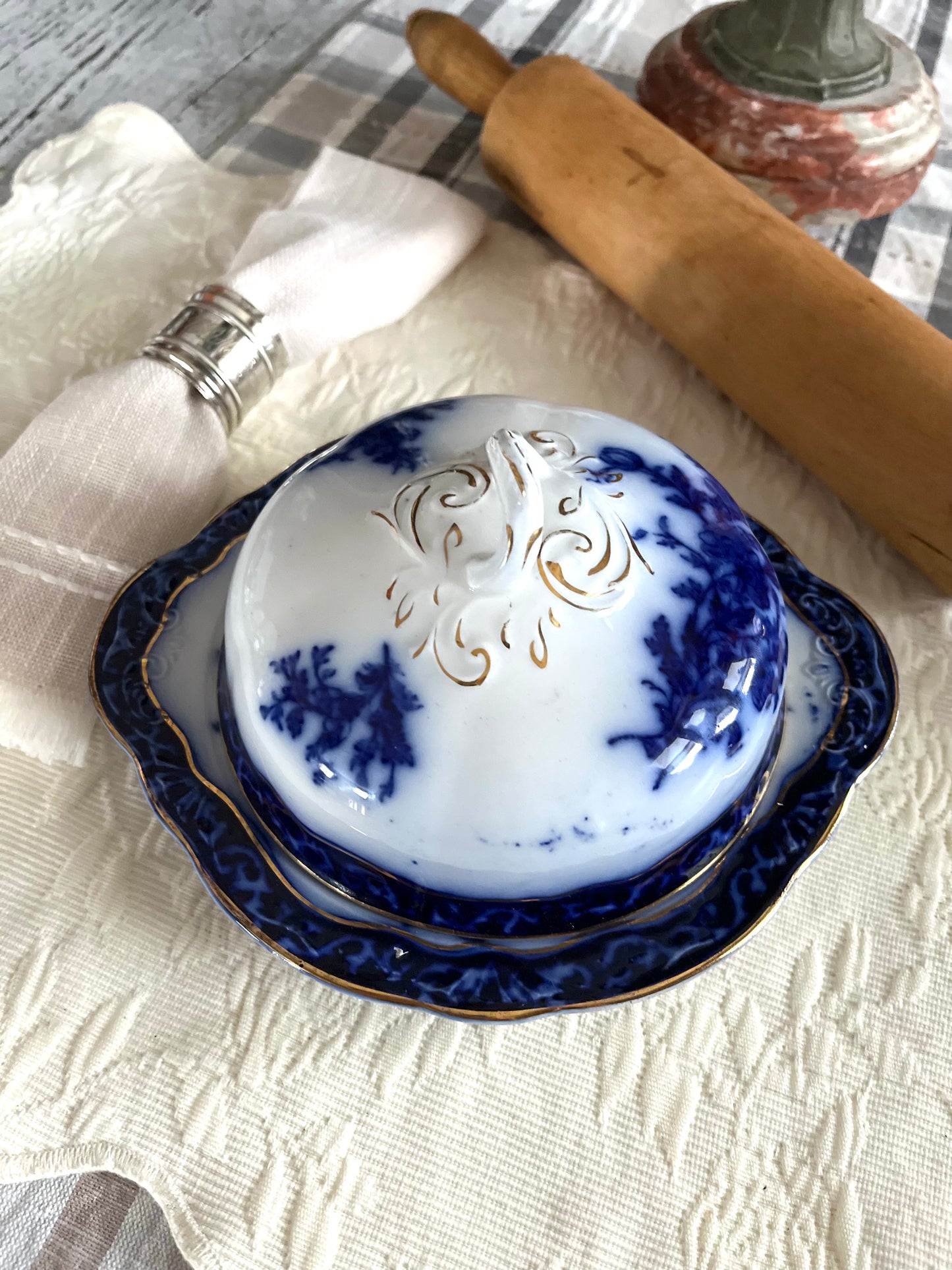 Reserved Live 05/26 Vibrant Late 1800’s Victorian Flow Blue Covered Butter Dish — Grindley “Touraine”