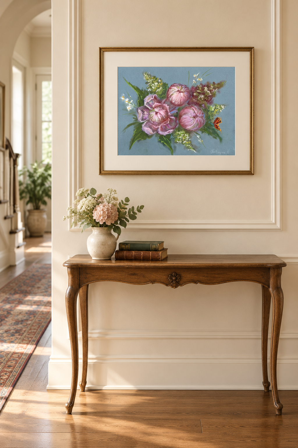 Pink Hydrangea pink peony Soft Pastel Drawing Original Floral Art 9x12”