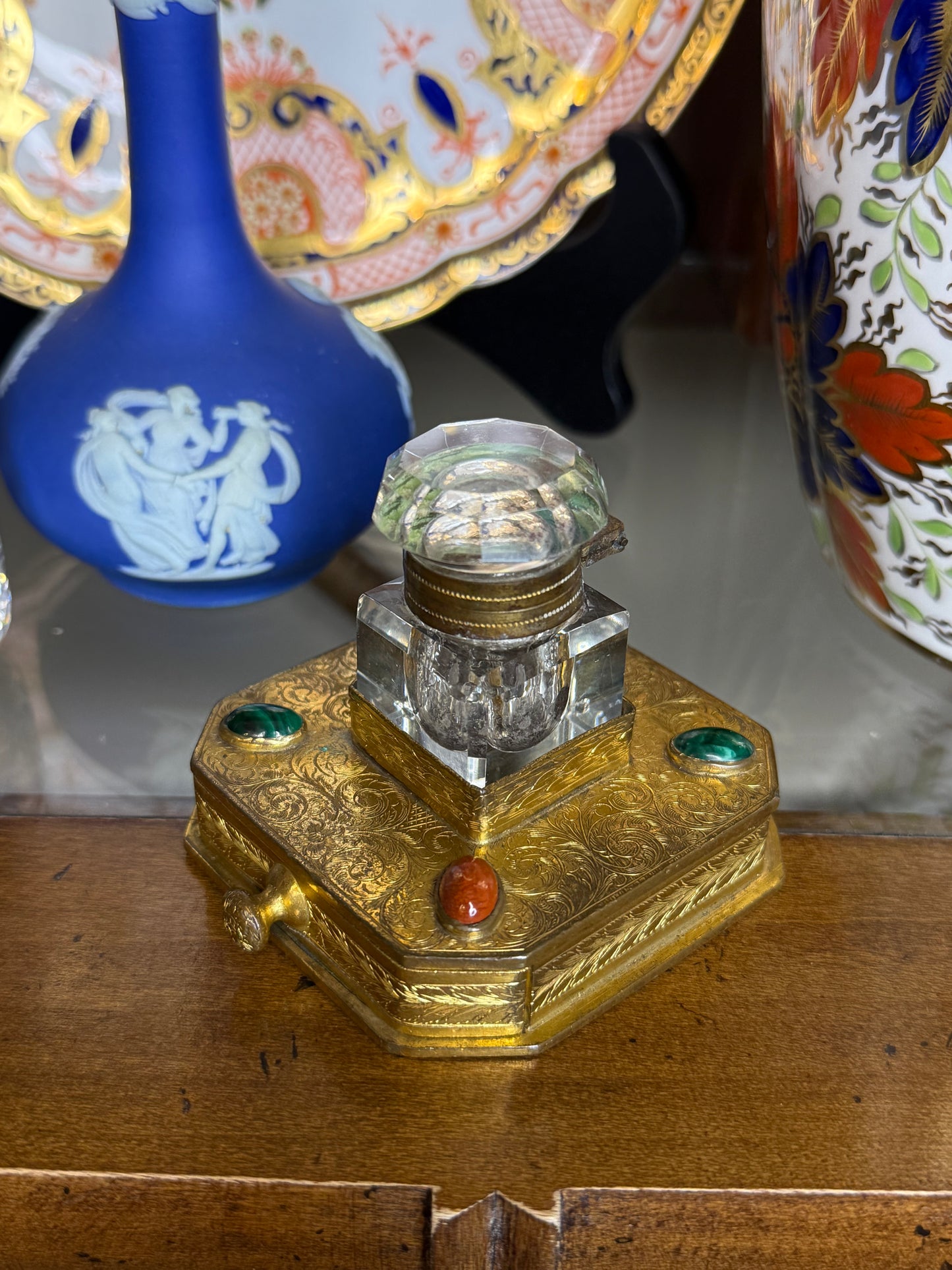 Antique Gilt Bronze & Crystal Inkwell | Jeweled Desk Inkstand | 3” Base