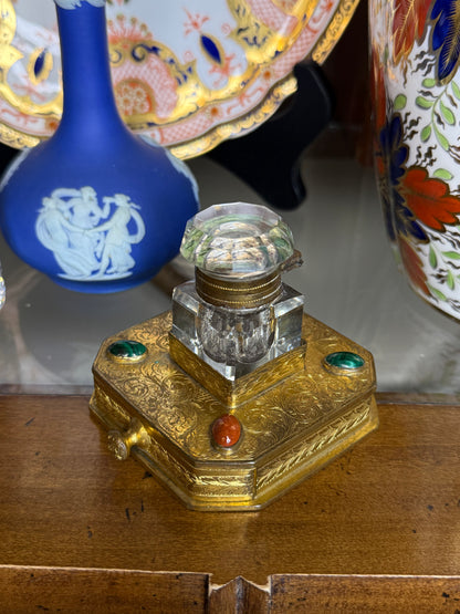 Antique Gilt Bronze & Crystal Inkwell | Jeweled Desk Inkstand | 3” Base