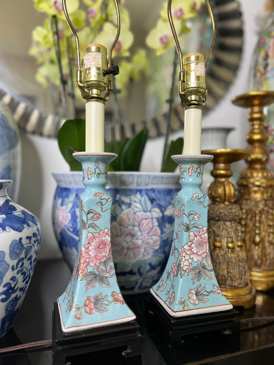 Beautiful Pair of Powder Blue and Pink Peony Candlestick Lamps