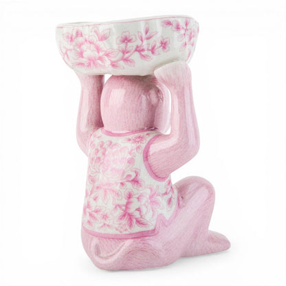 Danny's Fine Porcelain - Pink Floral Porcelain Monkey Figure Bowl – 6”L x 6”W x 8.5”H