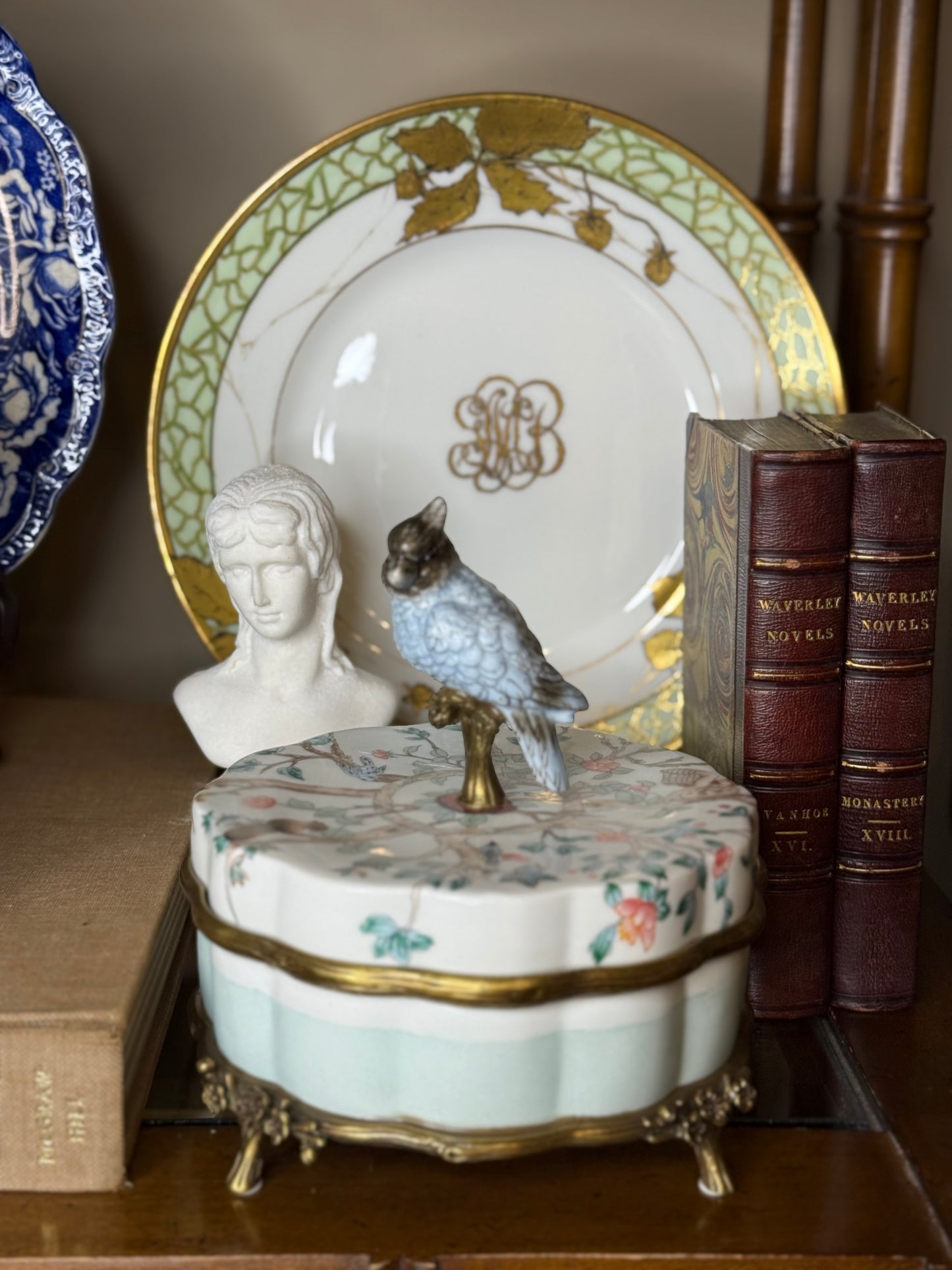 Danny’s Fine Porcelain | “Garden of Life” Porcelain Box with Bronze Ormolu & Bird Finial – 6”
