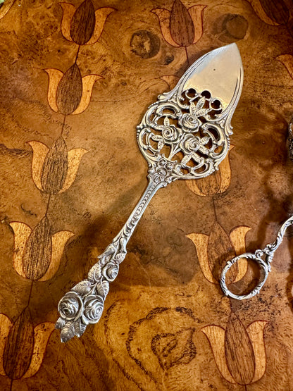 Antique German 800 Silver Rose-Handled Pastry Server, Hallmarked Early 20th Century