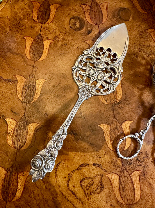 Antique German 800 Silver Rose-Handled Pastry Server, Hallmarked Early 20th Century