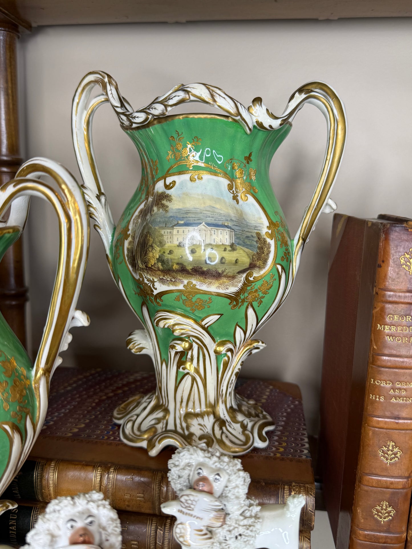 Antique Pair of H.R. Daniel Green Scenic Vases with Castles & Floral Decoration | Circa 1840 | 8.5"H x 6.5"W x 4" Base | Style DA4447