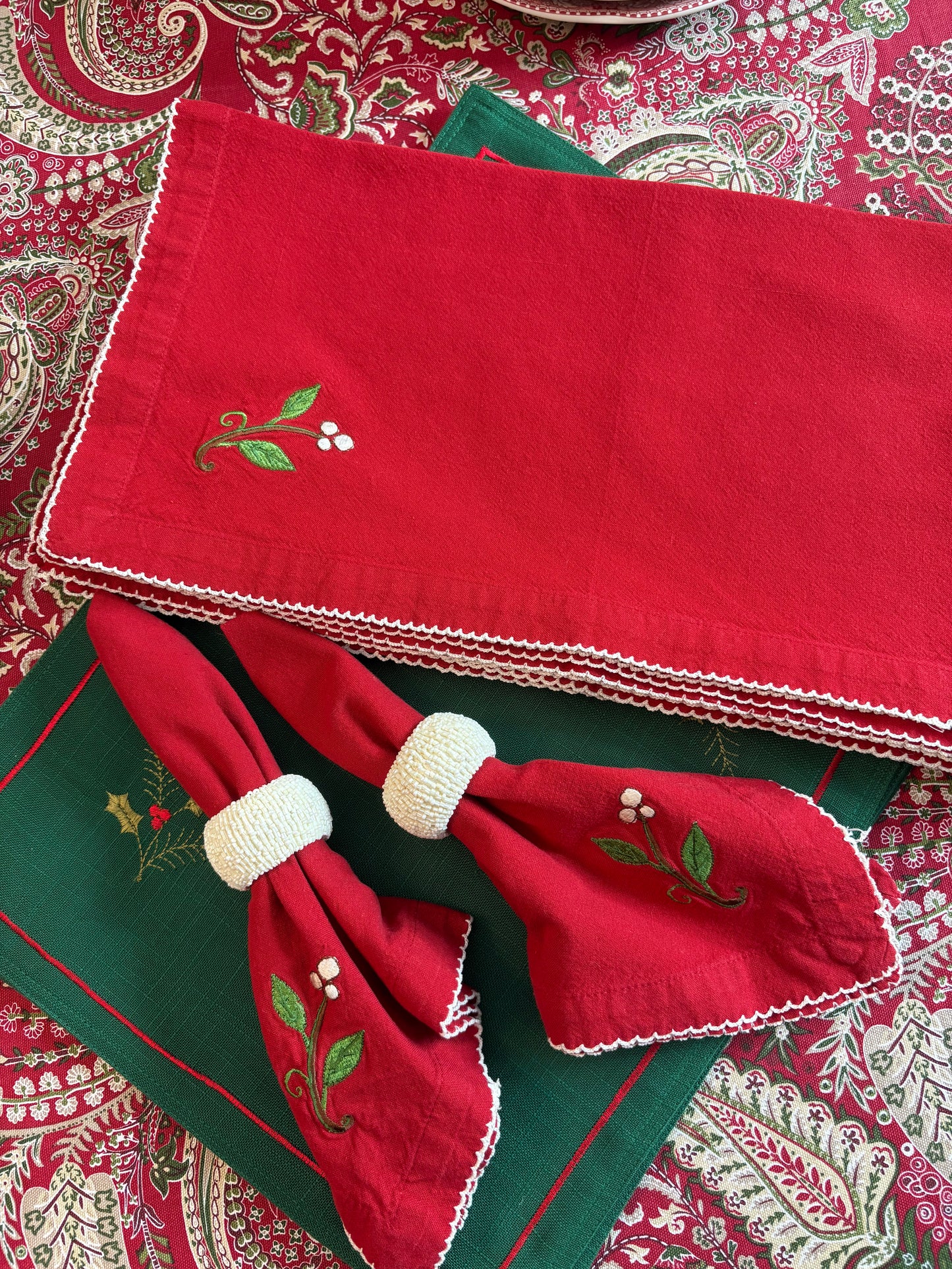Set (12) Vintage Holiday Napkins with contrast stitching