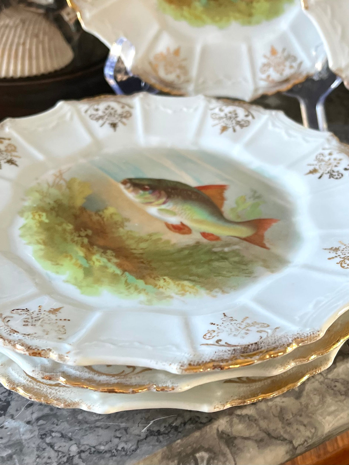 Beautiful Set of 6 Antique Gilded Fish Plates