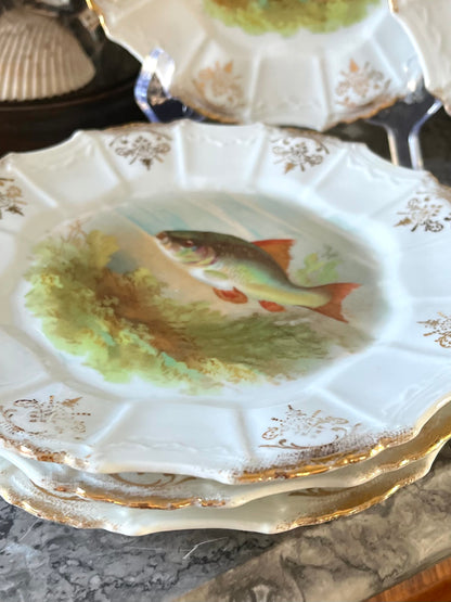 Beautiful Set of 6 Antique Gilded Fish Plates