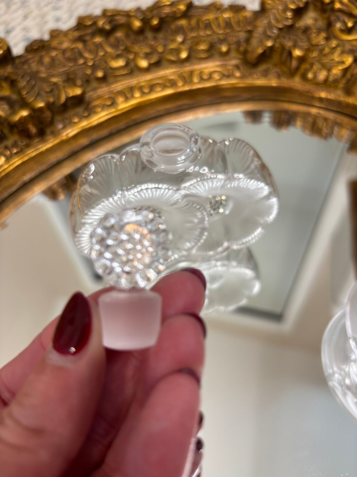 Stunning Lalique Double Flower perfume bottle with clear and satin finish!  In excellent condition! Measures 3 3/4” tall. Marked Lalique France on bottom.