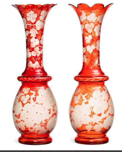 Pair of Cranberry Glass Etched Vases with Scalloped Rim | 16” Tall | Imperfect