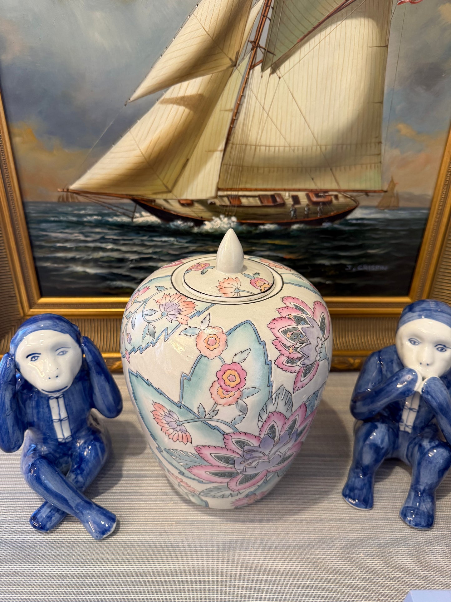 Vintage Chinoiserie Floral Lidded Melon Jar Vase