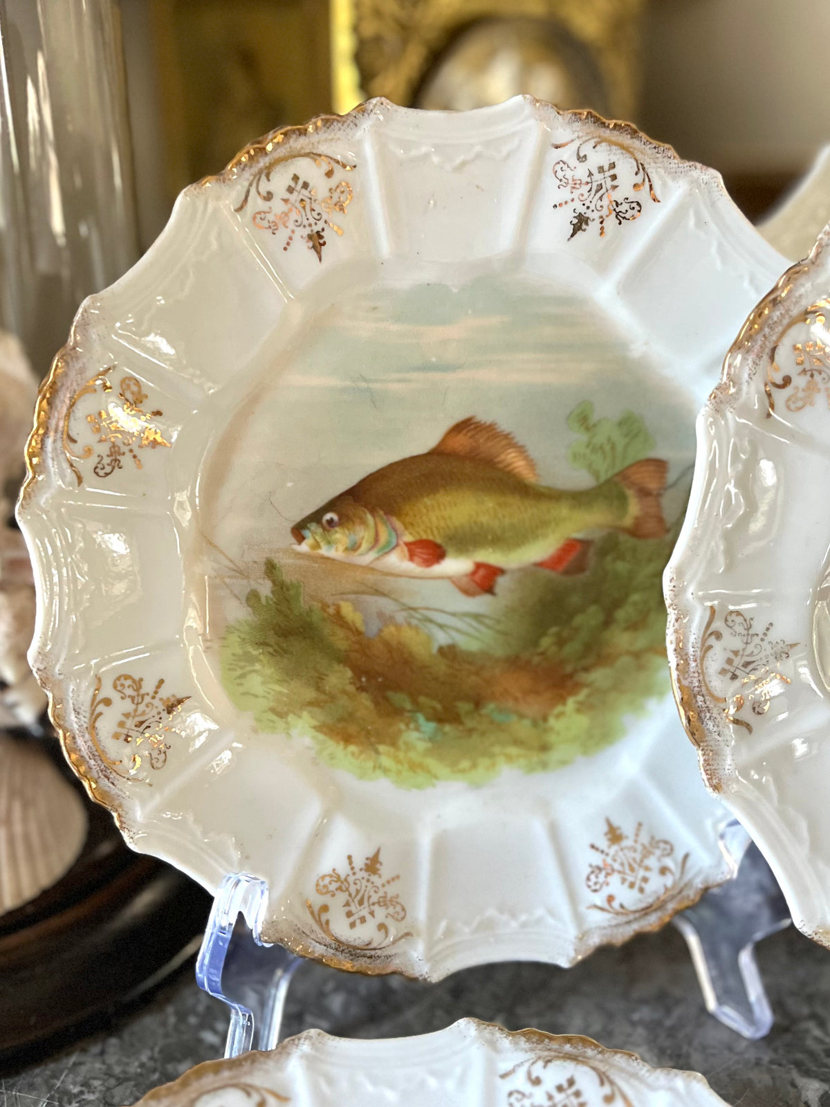 Beautiful Set of 6 Antique Gilded Fish Plates