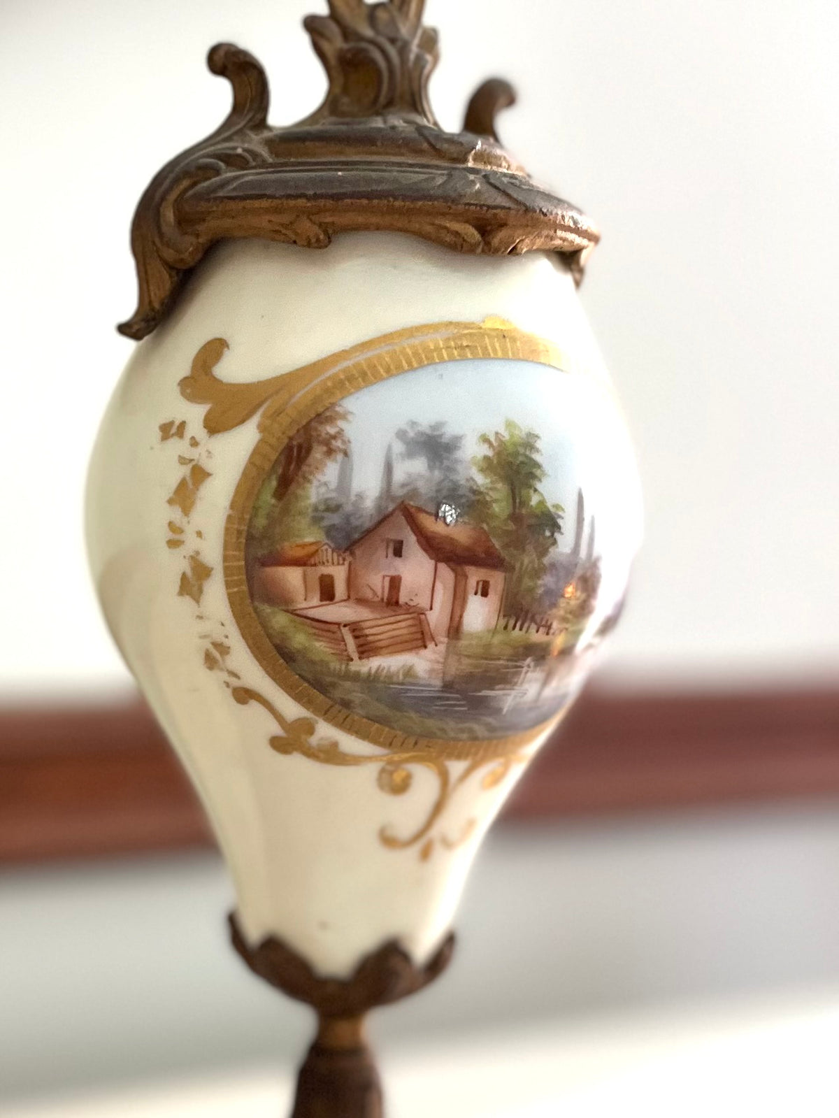 Pair of French Hand-Painted Pastoral Porcelain & Bronze Garniture Urns