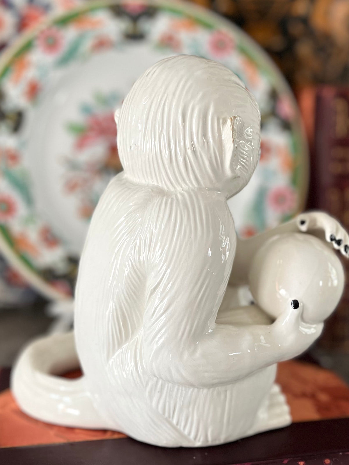 Signed Italian Capuchin Monkey Ceramic Figurine Holding Orb | Mid 20th Century