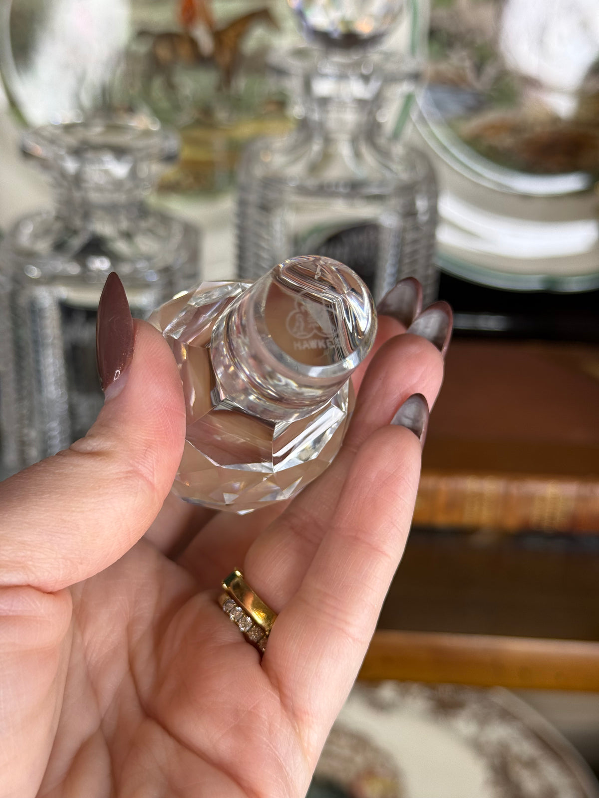Antique T.G. Hawkes Cut Crystal Brandy & Whiskey Decanters, Pair with JBB Monogram & Faceted Stoppers, c.1900–1920, 8.5” H x 3” W | Pair