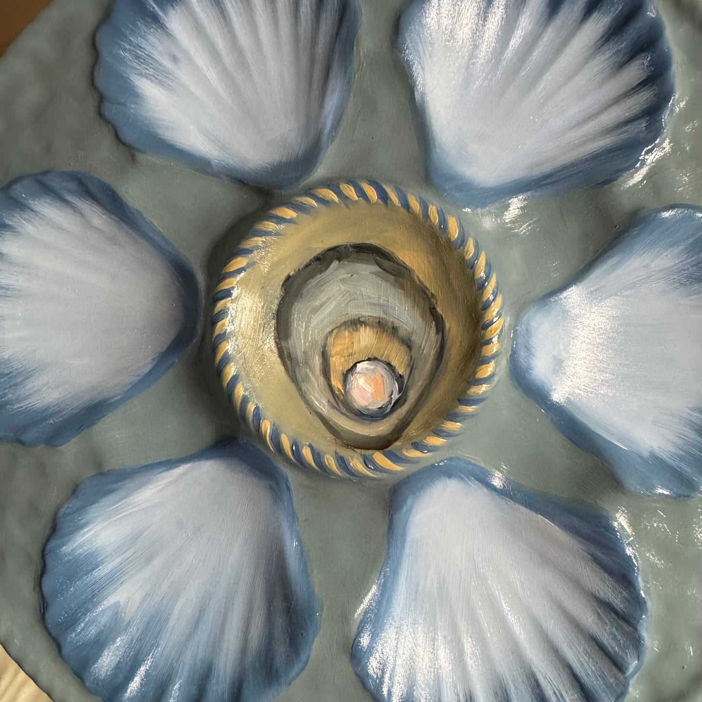 Hand painted blue tones oyster plate 9”