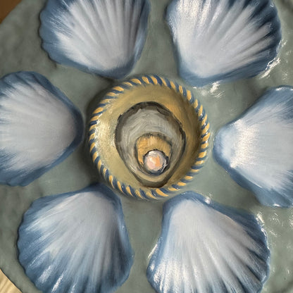 Hand painted blue tones oyster plate 9”