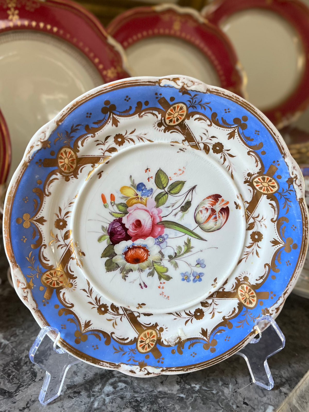 Stunning Antique English 21-Piece Porcelain Tea Service | French Blue, Hand-Painted Florals & Gilt - Attributed to Coalport