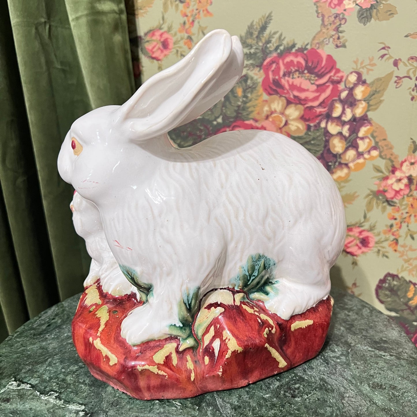Majolica Easter bunny rabbit with baby centerpiece Decor 10 X 9” Heavy