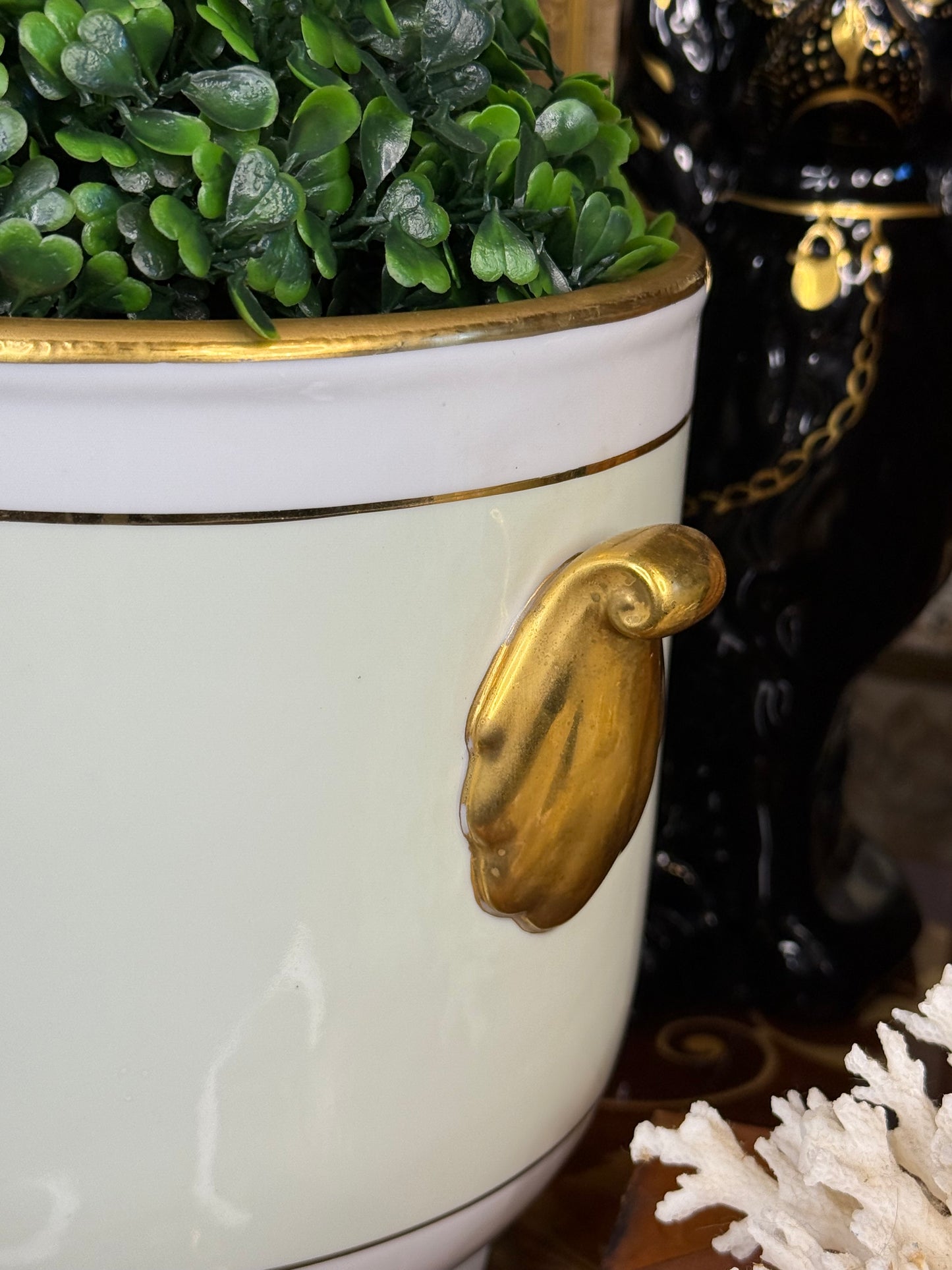 Pair of Green & Gold Porcelain Cachepots – 7” | Classic French-Style Planters