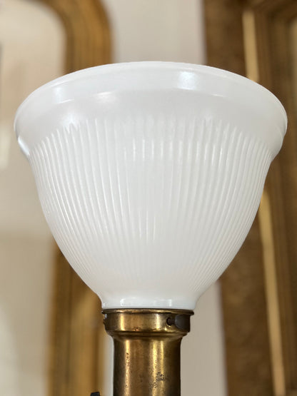 RESERVED - ELLA_HEKIM - Live 08/18 Antique Etched Crystal & Brass Torchiere Table Lamp with Milk Glass Shade 1910-1920’s