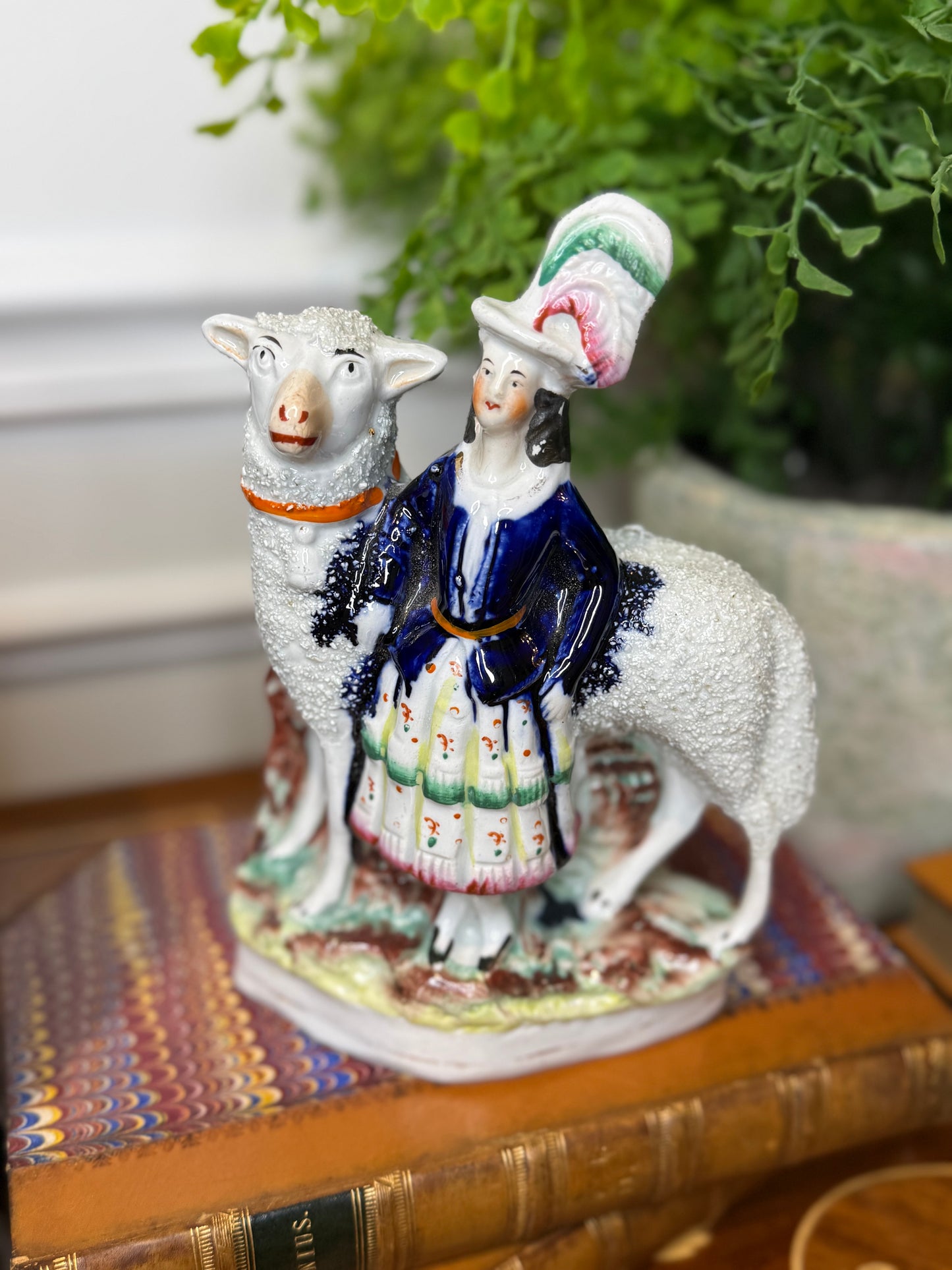 Antique Staffordshire Sanded Lamb & Shepherdess Figure | Pearlware Style Figurine | 8.5” Tall #DA4253