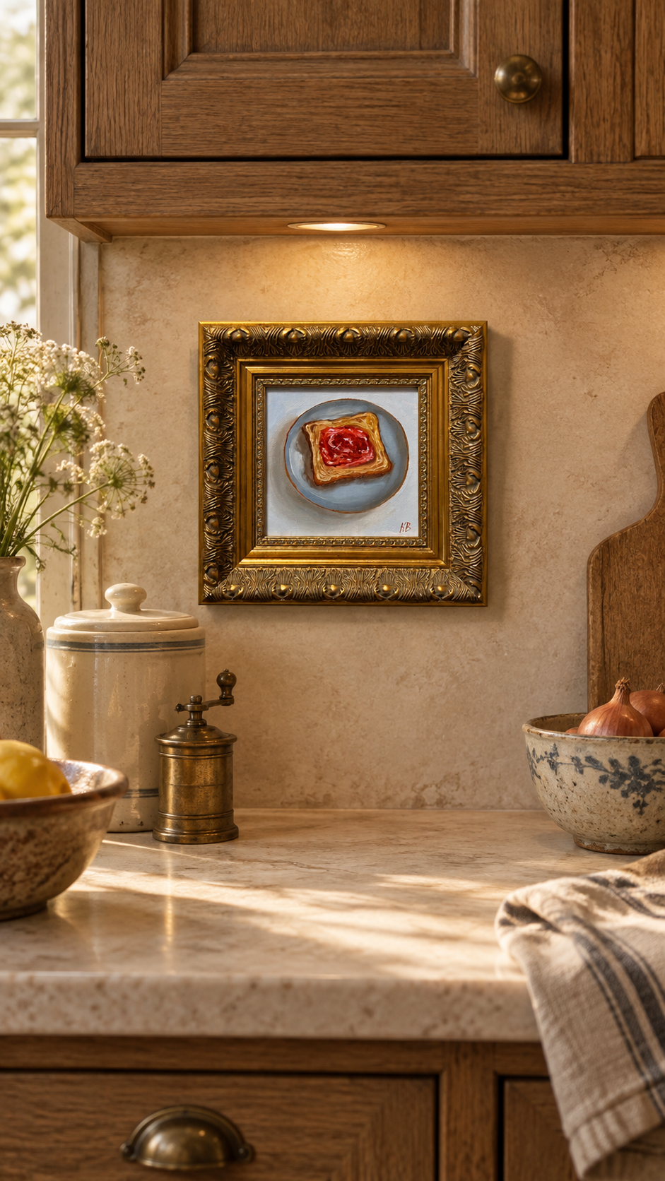 Toast with Strawberry Jam Original Framed Oil Painting Kitchen Wall Art