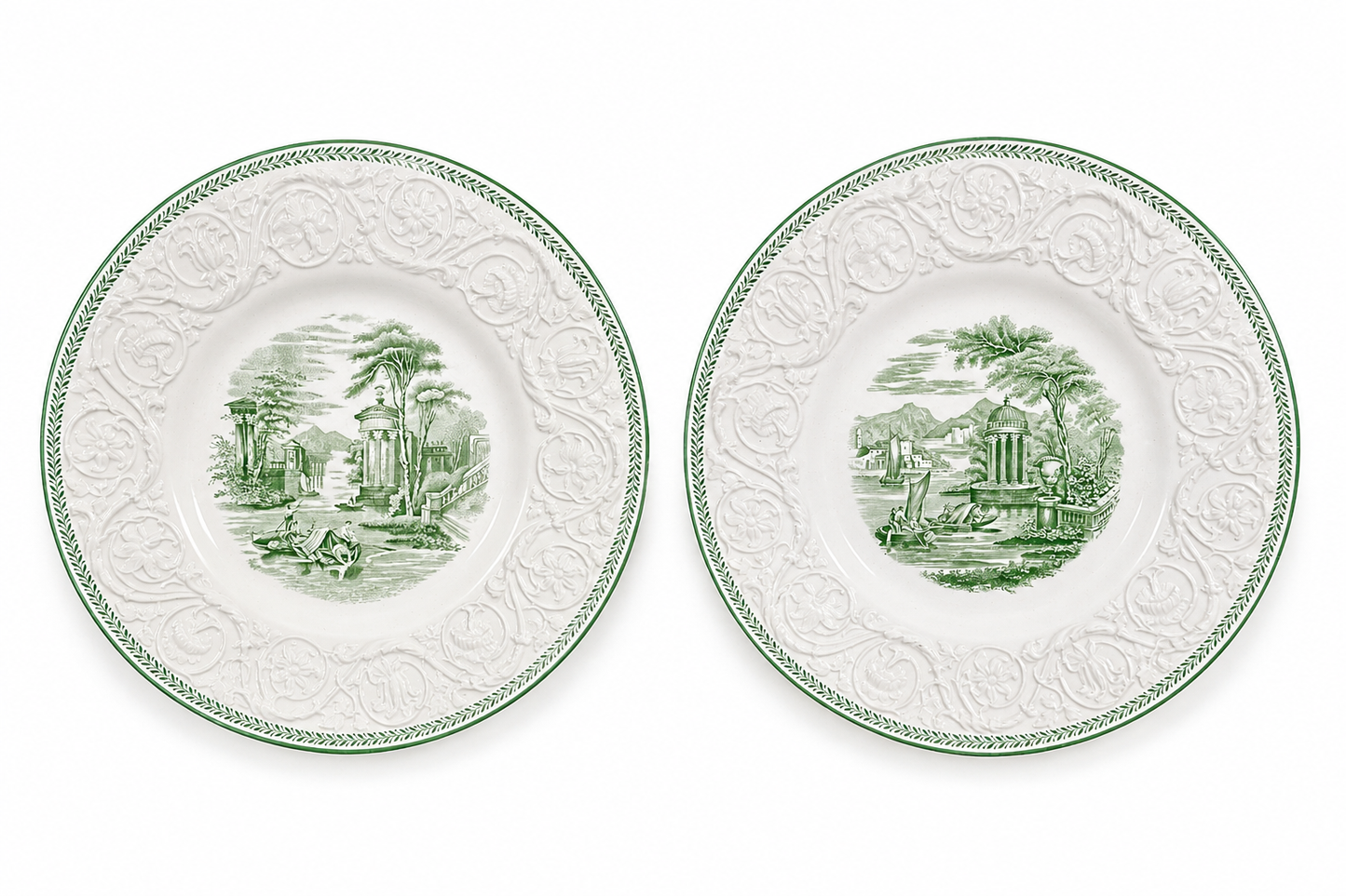 Vintage Wedgwood Torbay Green Transferware Patrician Dinner Plates, Pair | c. 1927-1930’s
