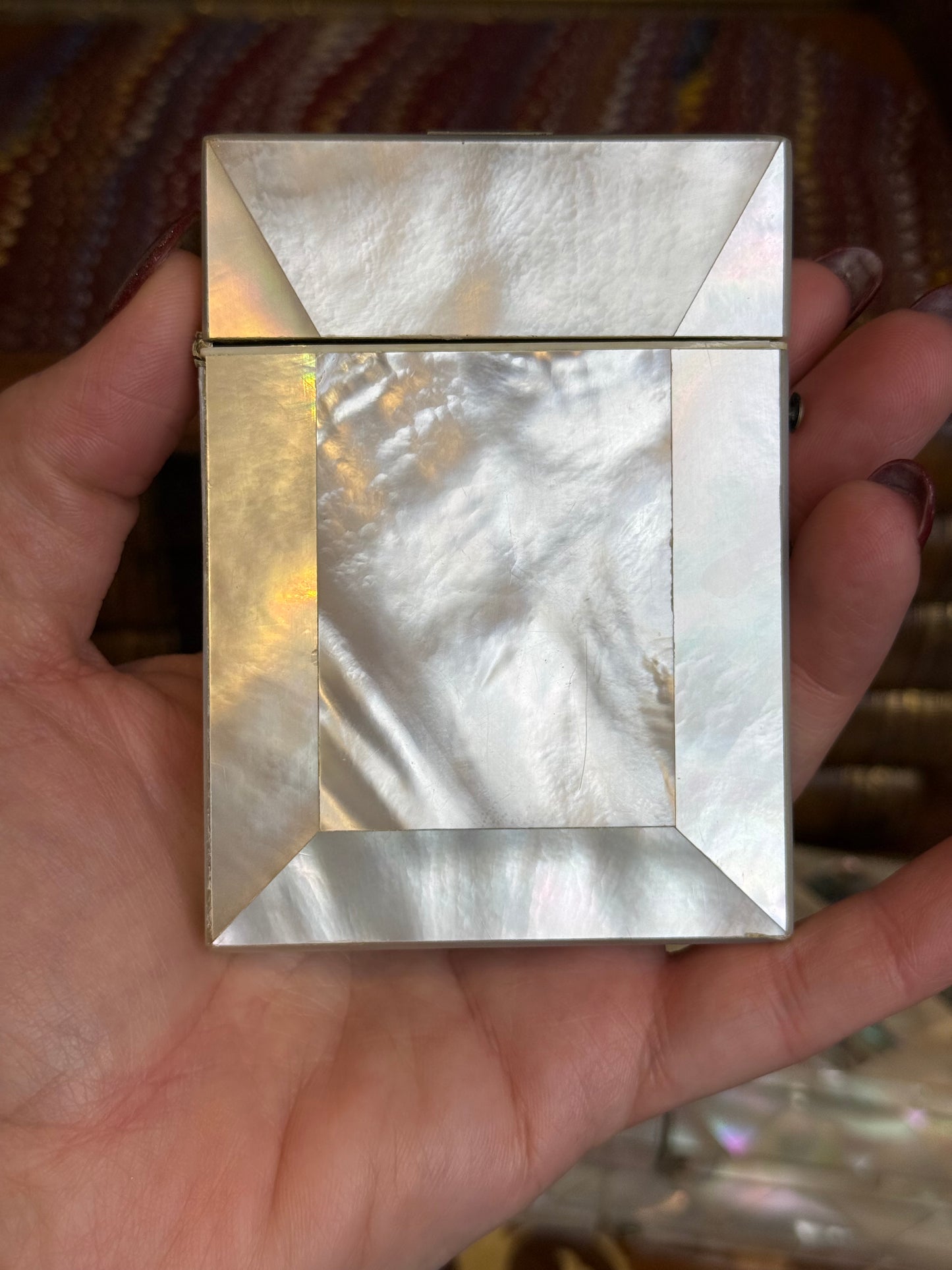 Antique Mother of Pearl Business Card Case with Silver Beehive Cartouche | Monogrammed HLF